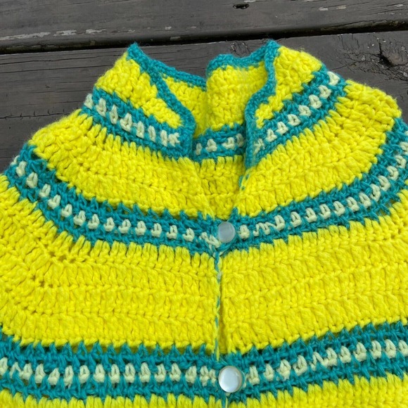 Vintage 70s Handmade Knit Yellow Striped Crochet Sweater Cape Cardigan Sweater - Picture 10 of 10